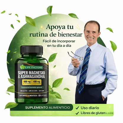Super Magnesio + Ashwagandha 600mg + 400mg | Energía, Relajación y Bienestar Diario