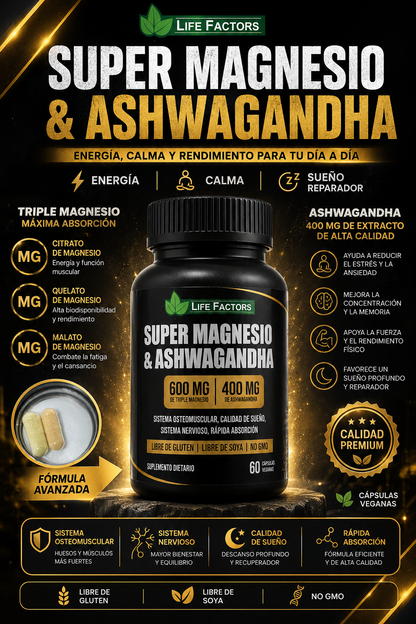 Super Magnesio + Ashwagandha 600mg + 400mg | Energía, Relajación y Bienestar Diario