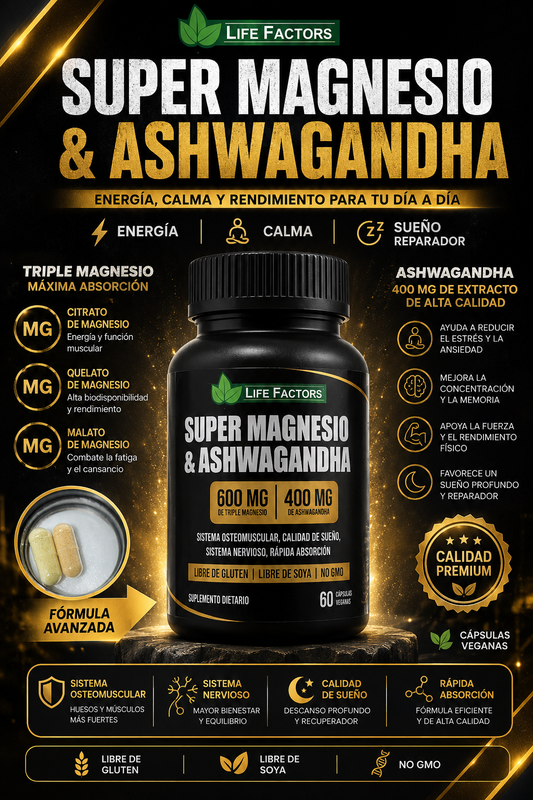 Super Magnesio + Ashwagandha 600mg + 400mg | Energía, Relajación y Bienestar Diario