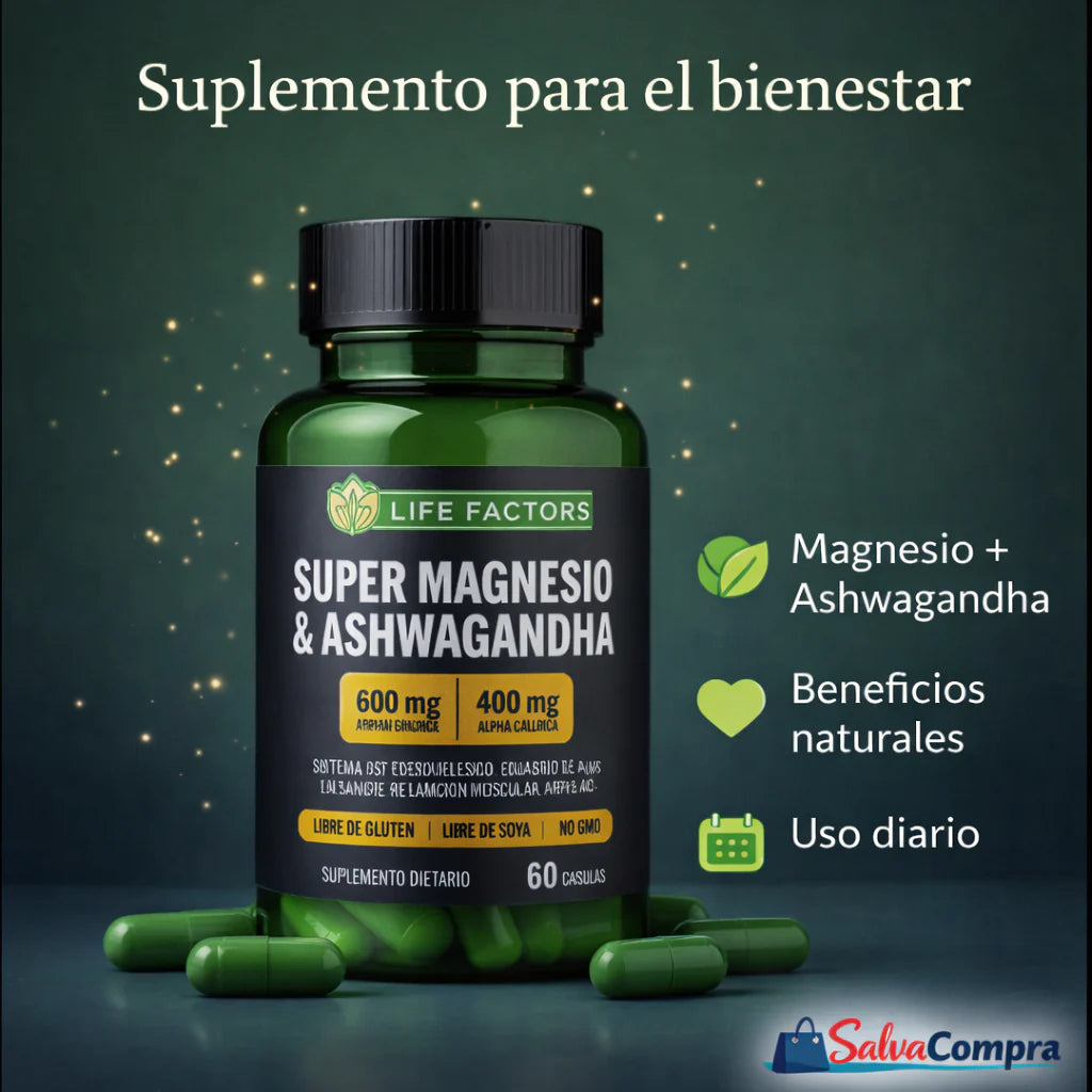 Super Magnesio + Ashwagandha 600mg + 400mg | Energía, Relajación y Bienestar Diario